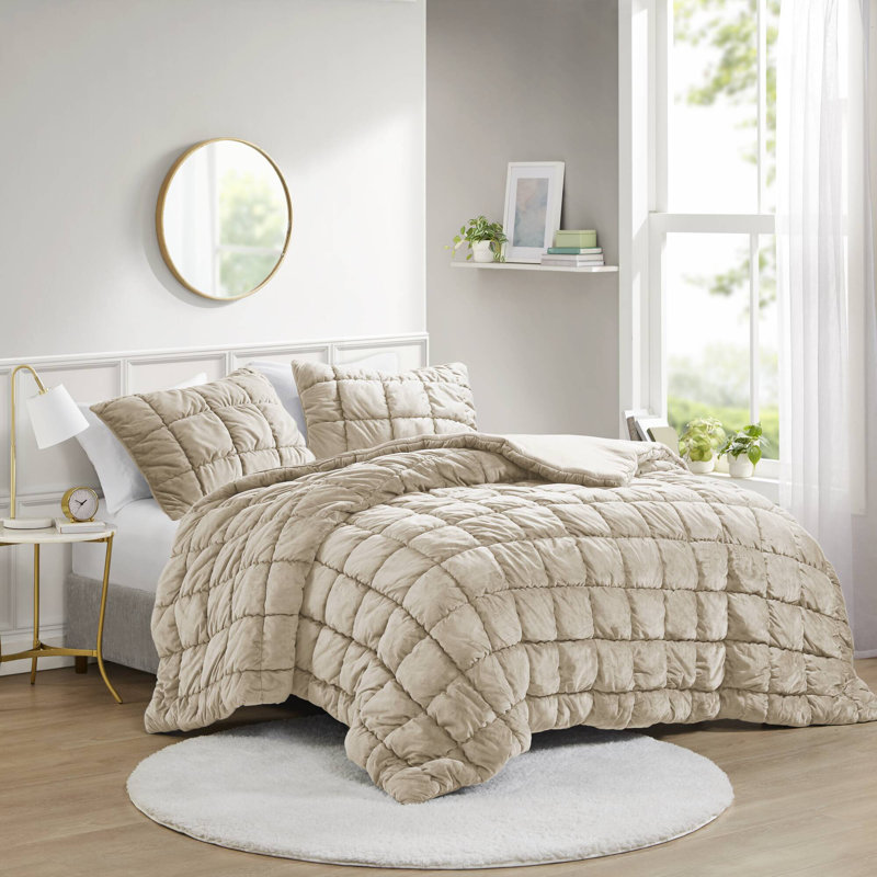 Ensemble d'édredon en velours Velvet Dream Puff, Brun clair, Édredon pour très grand lit + 2 très grandes ta