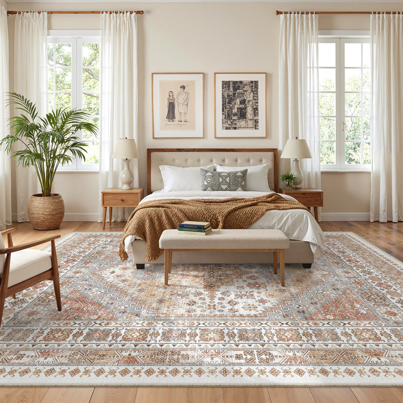 Machine Washable Oriental Floral Non Slip Indoor Area Rug, Rectangle 243.8cm x 304.8cm, Orange