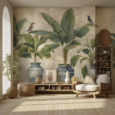 Chinoiserie Banana Plant Wall Mural | Blue Porcelain Vase Botanical Wallpaper | Non-Woven or Peel and Stick