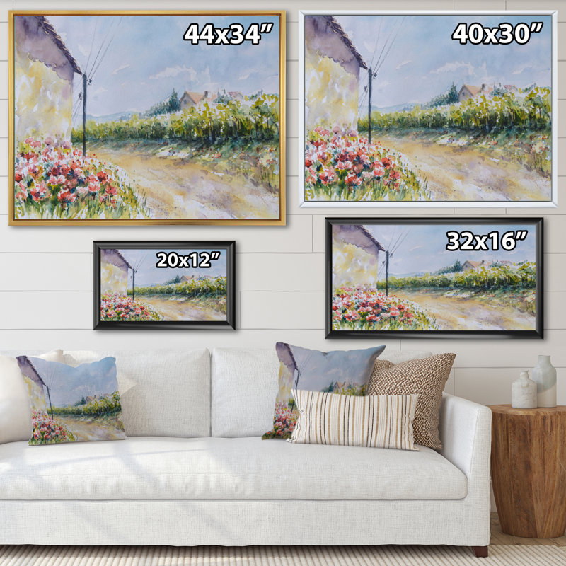 Fleurs de coquelicot par une campagne - peinture sur toile, H 12 po x l 20 po, Cadre flottant blanc