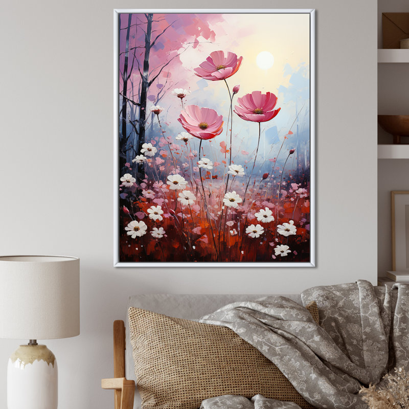 «Pink Crimson Floweret Petals» dévoilé sur toile, Cadre flottant blanc, H 32 po x l 16 po x P 1 po