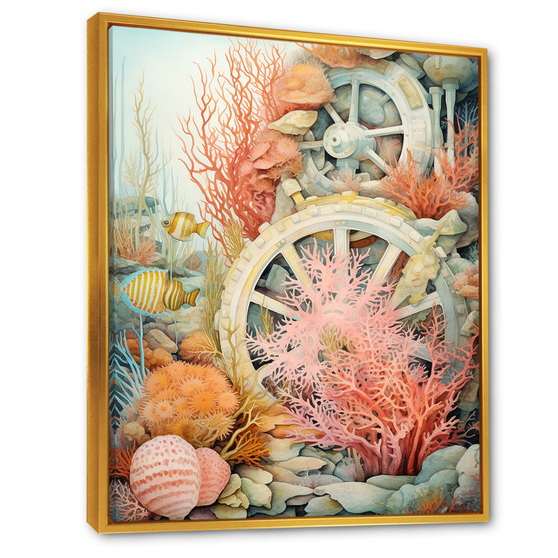 «Coral Pirate Wheel Memory I - Beach and Ocean Wall Art Living Room», Cadre flottant doré, H 20 po x l 12 po