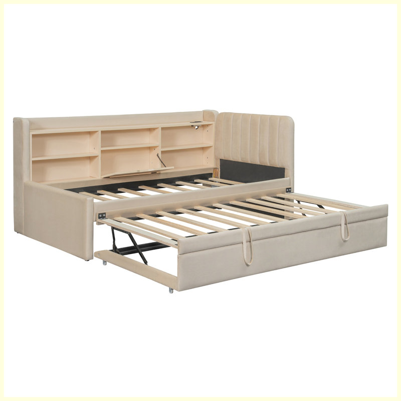 Modern Upholstered Daybed with Trundle, Storage Shelves, USB & Outlet, Beige