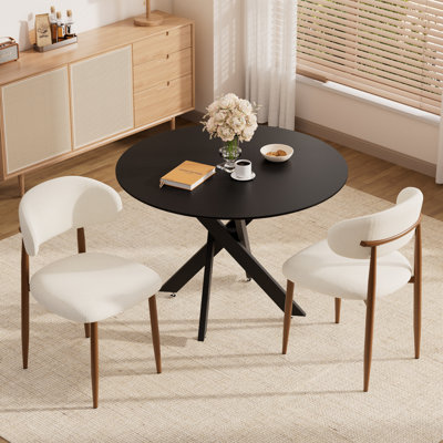 Round Rustic Dining Table Set, Farmhouse Kitchen Table with X-Shaped Base & Upholstered Chairs, Modern Small Space Dining Set with Beige Fabric Seats for Apartment, Dining Room