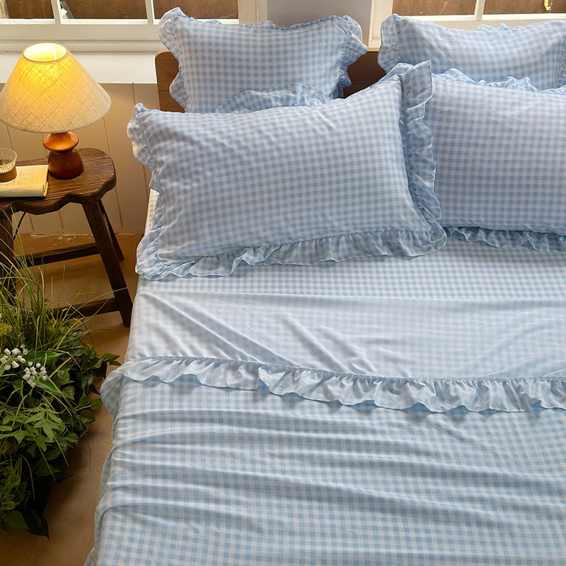 Ensemble de draps Gingham Ruffle, Vichy bleu pâle, Lit simple