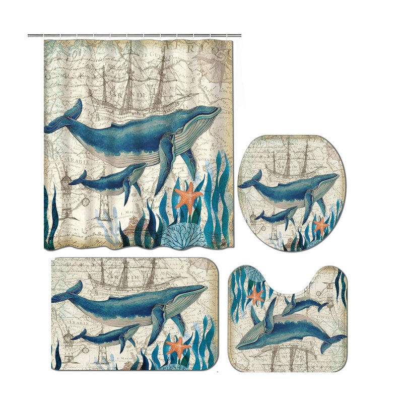 Ensemble de 4 ensembles de salle de bain rétro avec style baleine bleue, Blue/Light Yellow