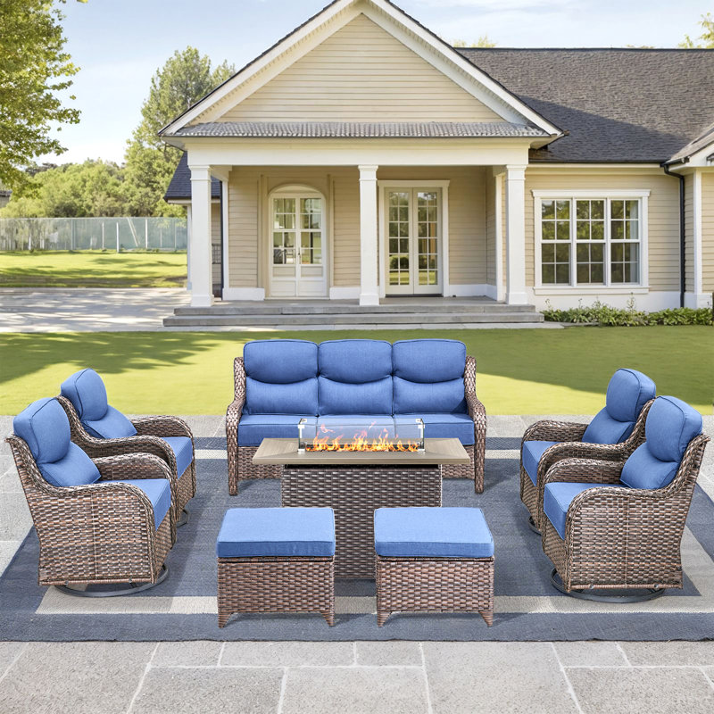 8 Pieces Patio Furniture Set, Outdoor Wicker Sofa Couch With Swivel Chairs 41" Fire Pit Table, All Weather High Back Modern Conversation Sets, Grey Rattan