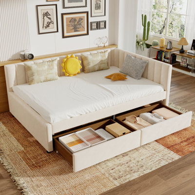 Full Size Daybed with Storage Drawers Upholstered Corner Bed with L Shaped Headboard Velvet Daybed Frame for Living Room Guest Room - Beige