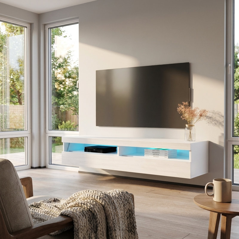 Meuble télé mural flottant avec éclairage DEL de 63 po Fly, Blanc