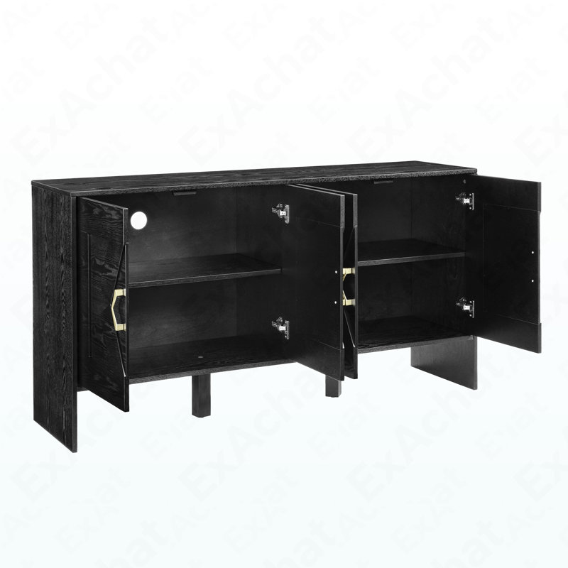 Mid Century Modern Storage Sideboard - 60" TV Media Console With Geometric Pattern & Adjustable Shelves, Black