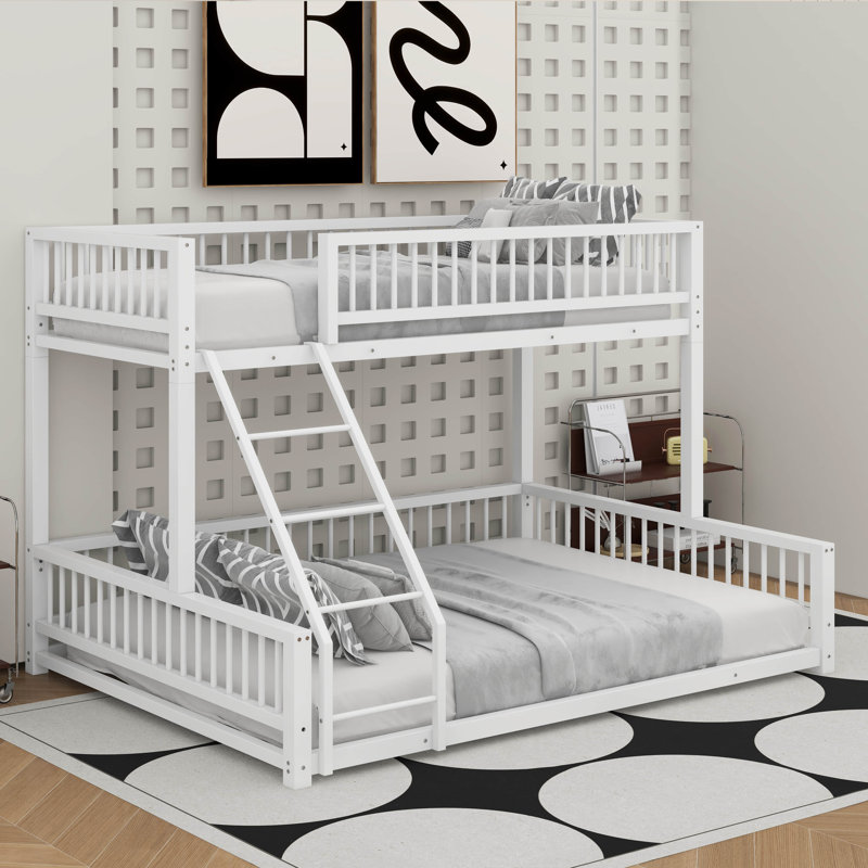 Twin XL Over Queen Floor Bunk Bed Frame With Ladder And Safety Guardrails, White
