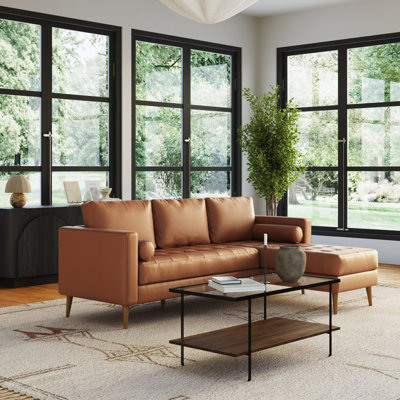 Canapé en cuir brun clair avec coussin de banc, méridienne et structure en bois massif