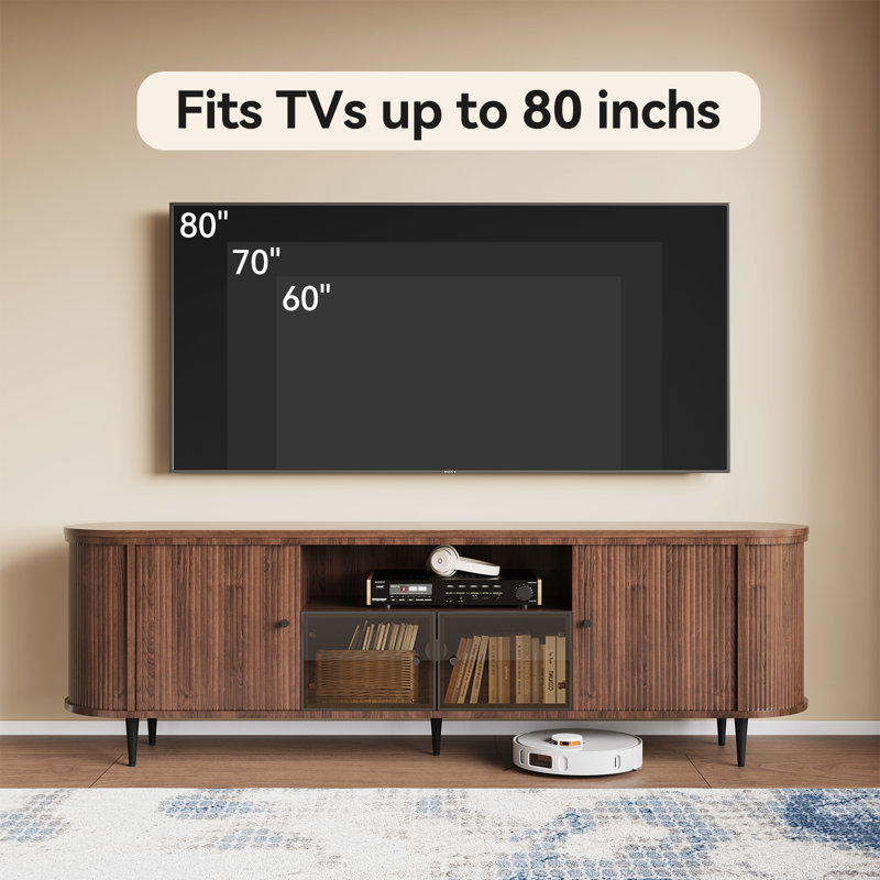 Luxury 70" Fluted Tv Stand, Modern Entertainment Center For Tvs Up To 80”, Tv Console With Faux Marble Tabletop, Curved Profile Design, Media Console For Living Room