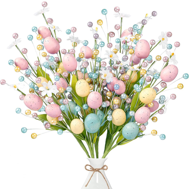 Tiges de Pâques artificielles 6 pièces Cueillette de baies printanières avec œufs de Pâques Baies colorées Branches de brindilles Sprays de Pâques pour arrangement de Pâques Centre de table Vase de Pâques Décoration de la maison