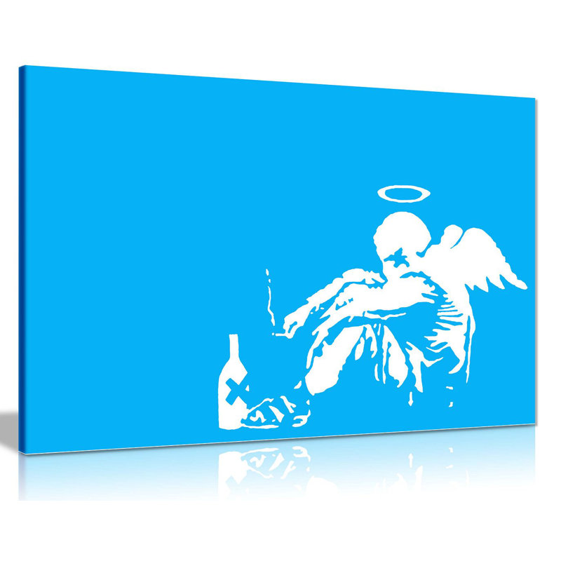 Banksy Fallen Angel Graffiti - Wrapped Canvas Print, 20cm H x 31cm W, Blue
