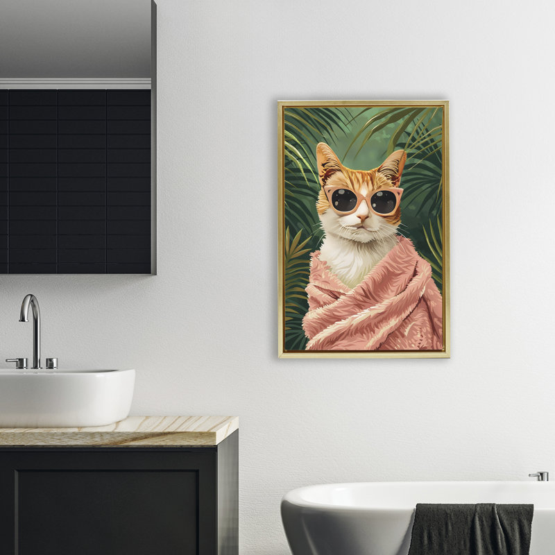 Cadre flottant Cozy Cat and Tropical Plants, design par LSR Design Studio, H 31 po x l 21 po, Cadre flottant métallique doré