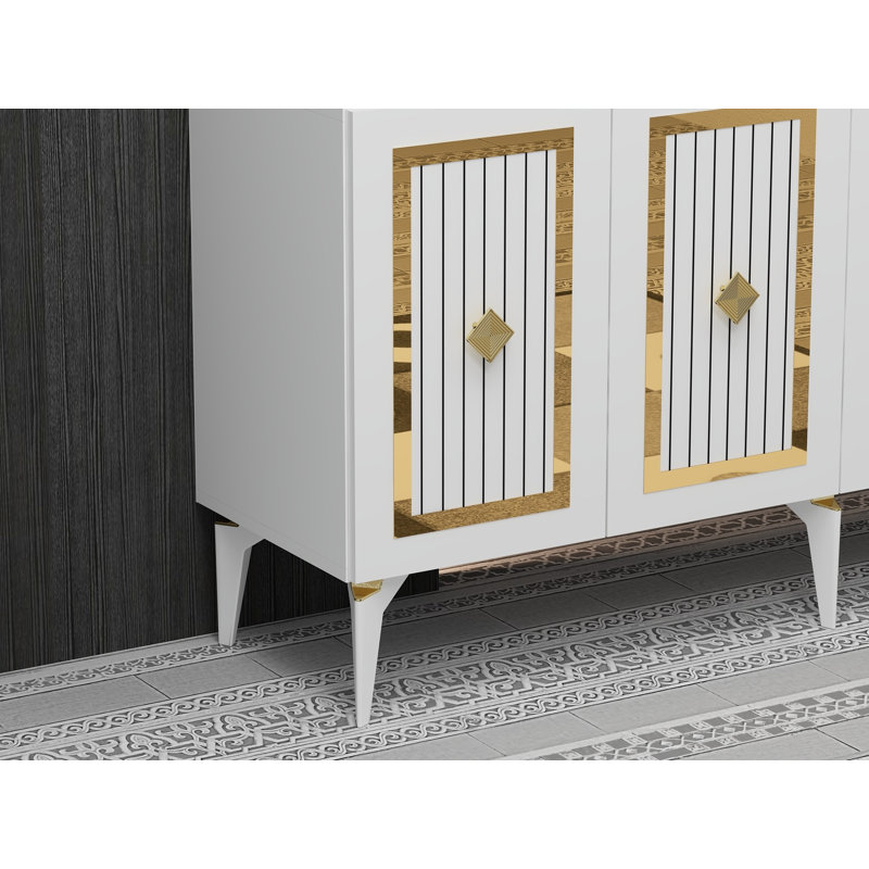 Console moderne, blanc et or, panneau de particules recouvert de mélamine à 100%, épaisseur: 0,7 pouce | Design glamour à rayures, parfait pour les vestibules et les salons, élégant et fonctionnel