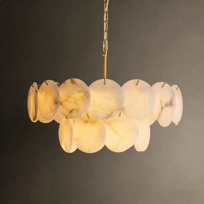 12-Light Natural Alabaster Tiered Chandelier with Hand-Polished Stone Discs and Gold Frame, Natural Marble Chandelier