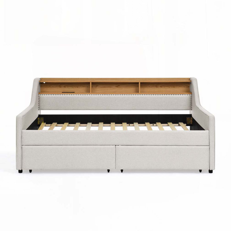 Upholstery Sofa Bed with 2 Drawer, Beige