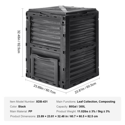 Bac à compost de jardin 80 gallons, composteur sans BPA, bac de compostage extérieur de grande capacité avec couvercle supérieur et porte inférieure, assemblage facile, légèreté, création rapide de terre infertile