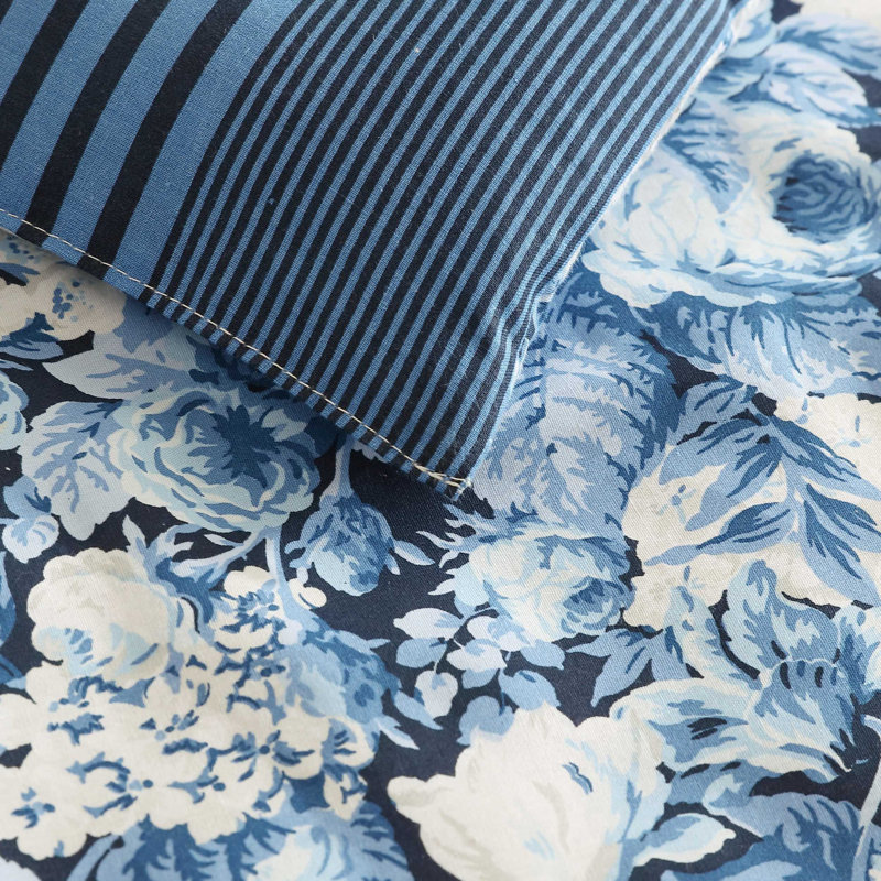 Laura Ashley Sweet Memories Cotton Reversible Blue Comforter Set, Queen Comforter + 2 Standard Shams