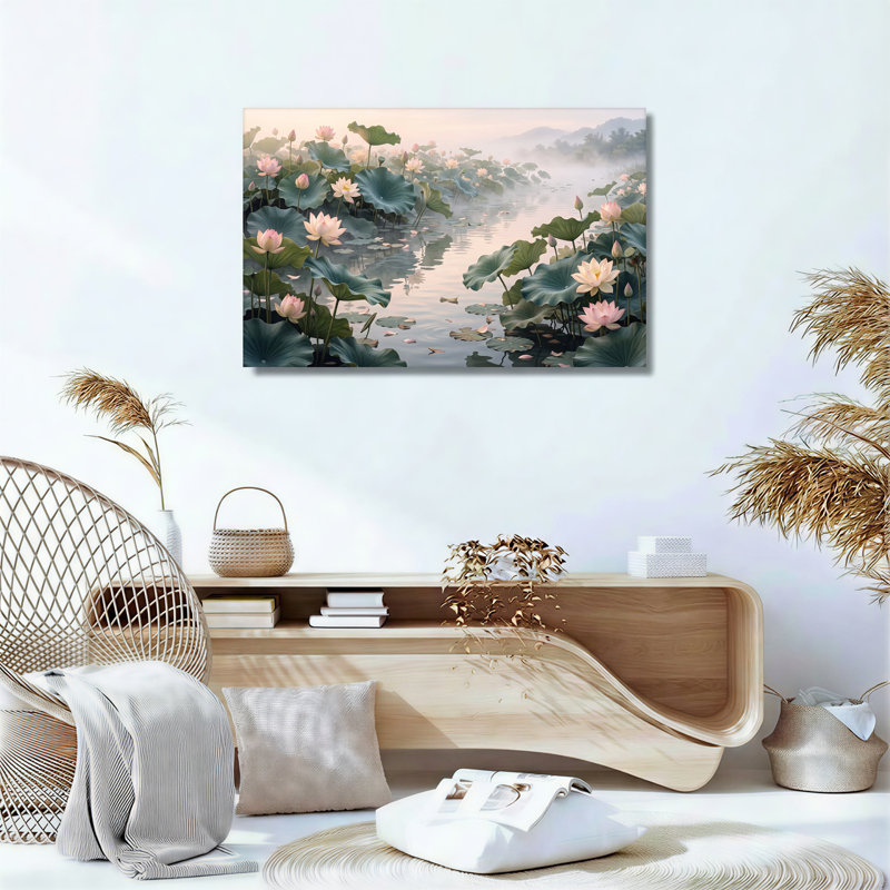 Art mural sur toile rose et blanc avec fleurs de lotus dans un étang brumeux, H 32 po x l 48 po
