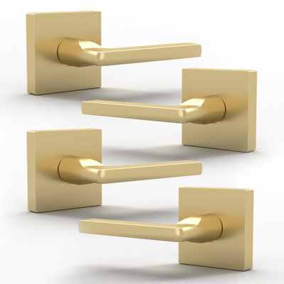 Mega Handles Prime Dummy Poignées de porte - Paquet de 4 poignées de porte robustes en or, poignée de porte anti-rotation pour couloir, garde-robe et portes françaises, un côté, s'adapte à toutes les portes standard - laiton satiné