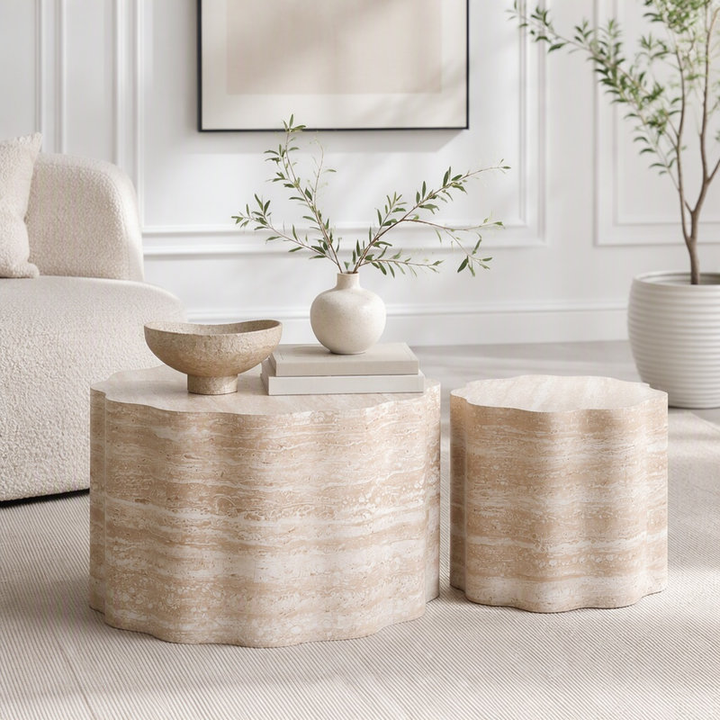Ensemble de 2 tables basses gigognes rondes avec motif en faux marbre, 26.77"W, beige brown
