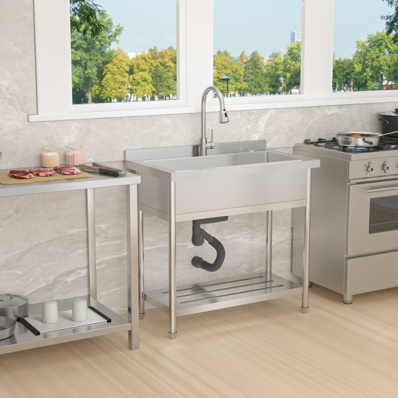 Grand lavabo simple en acier inoxydable de 21 po x l 36 po x H 35,5 po, évier de restaurant commercial autoportant avec robinet escamotable, évier utilitaire pour salle de lavage, garage, cuisine