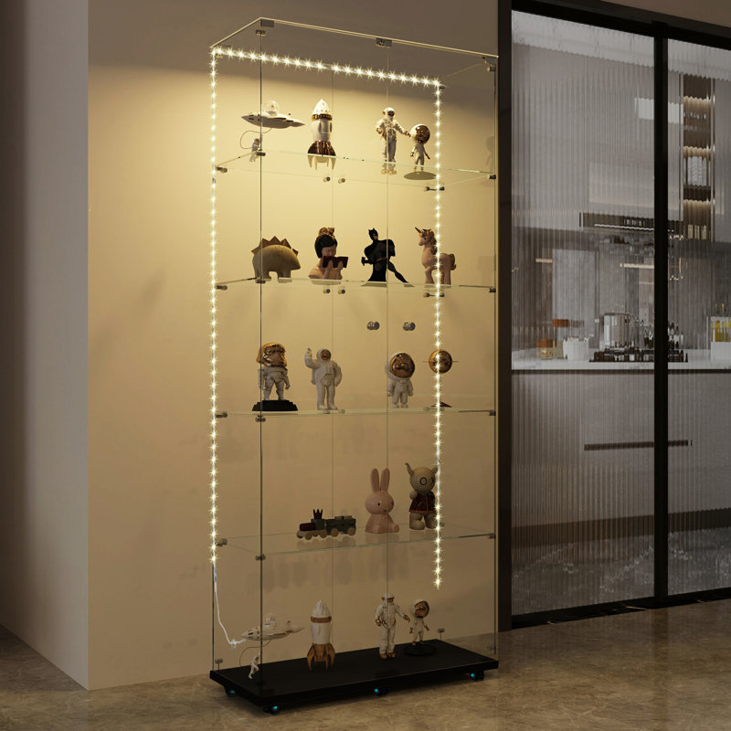 Vitrine en verre trempé noir avec lumières DEL connectées, porte verrouillable et mouvement sans effort, 3 4 tablettes, bandes réglables de style classique pour le vin, serrure, ambiance d'éclairage romantique,