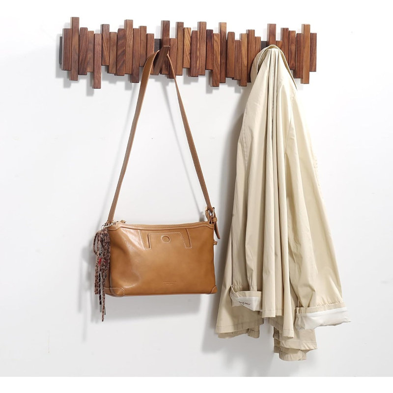 Piano-Style Wall-Mounted Coat Rack, 7 Flip-Down Hooks, Handmade Solid Walnut Wood, Rustic Entryway Organizer
