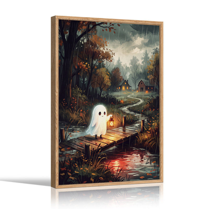 Tableau sur toile d'Halloween représentant un fantôme blanc tenant une lanterne sur un pont d'automne, 48"H x 36"W