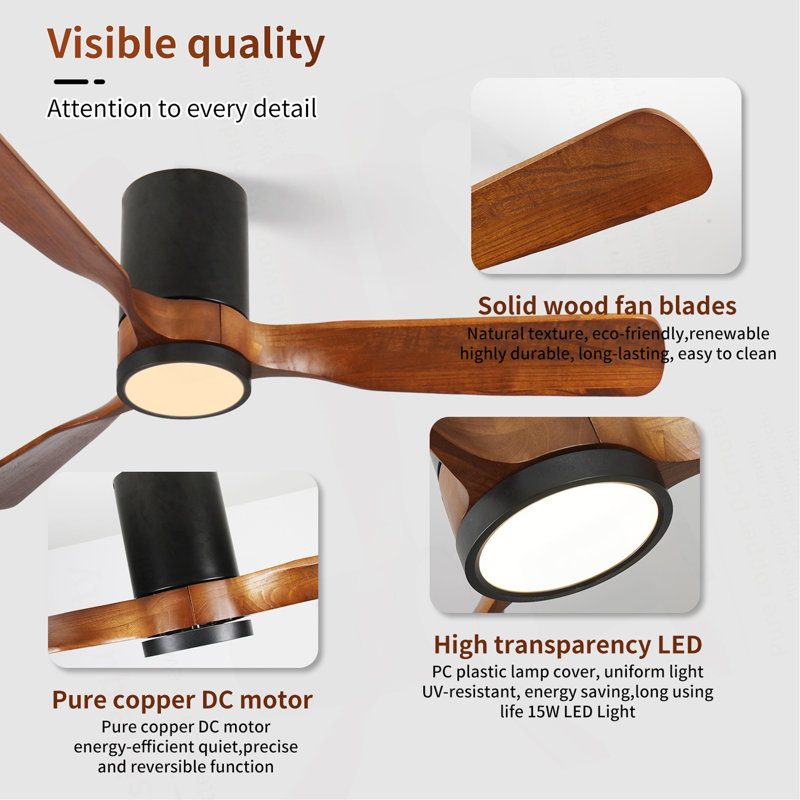 42 po Ventilateur de plafond à DEL encastré intérieur / extérieur noir mat avec pales en bois, télécommande CC 6 vitesses