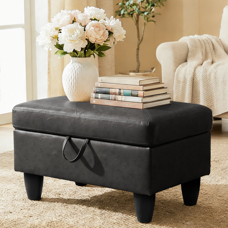 Banc rectangulaire avec repose-pieds avec rangement, repose-pieds en similicuir avec couvercle à charnière, tabouret de table basse pour le salon, la chambre à coucher, le vestibule, noir