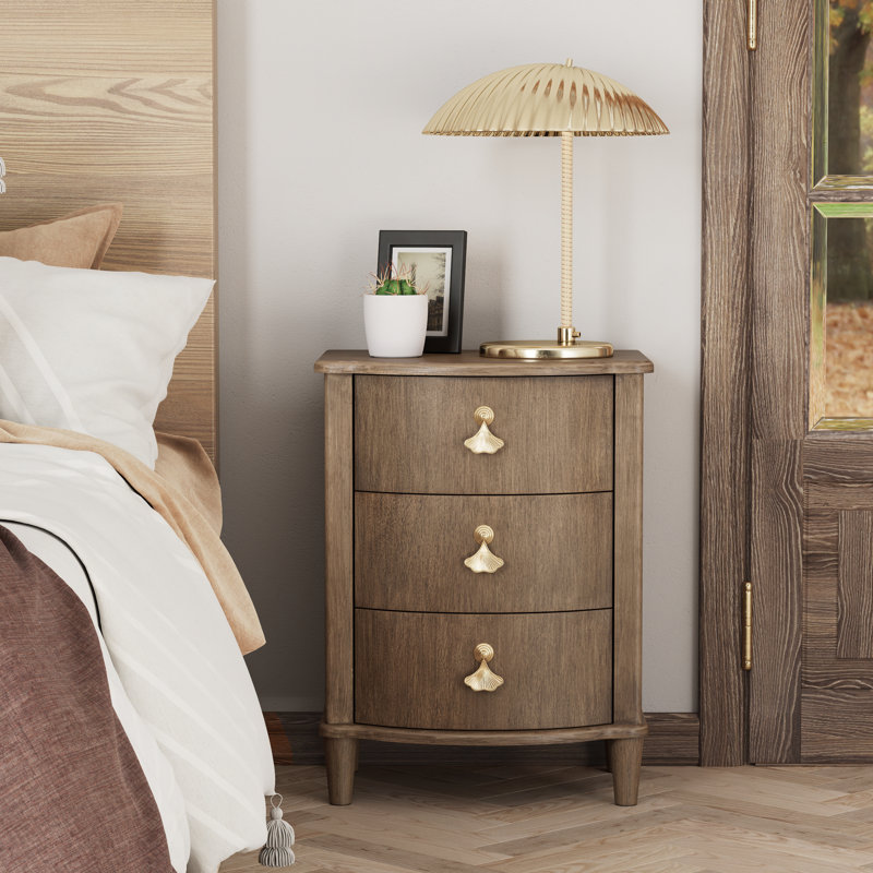 Elegant 3-Drawer Nightstand With Gold Leaf Handles, Brown