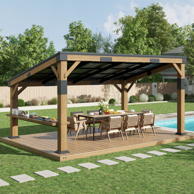 Classic 10FT x 14FT Solid Wood Gazebo With Sloped Roof & Built-in Bar Shelf for BBQ