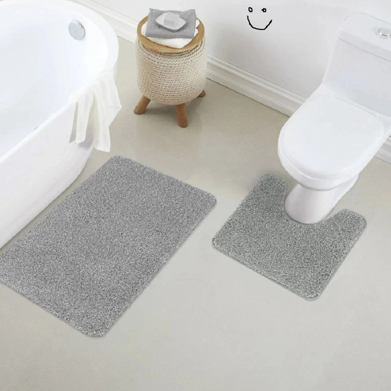 2 Piece Alya Small Bath Mat Ultra Soft Bathroom Rug Anti Slip Toilet Rug Pedestal Mat Set, 80cm L x 50cm W, Grey