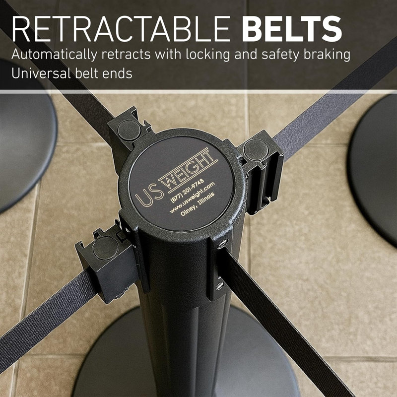 US Weight Black Plastic Stanchion for Crowd Control with 6.5' Retractable Black Barrier Belt with Tool-Free Assembly and Belt Ends that Fit Most Brands - 2 PK