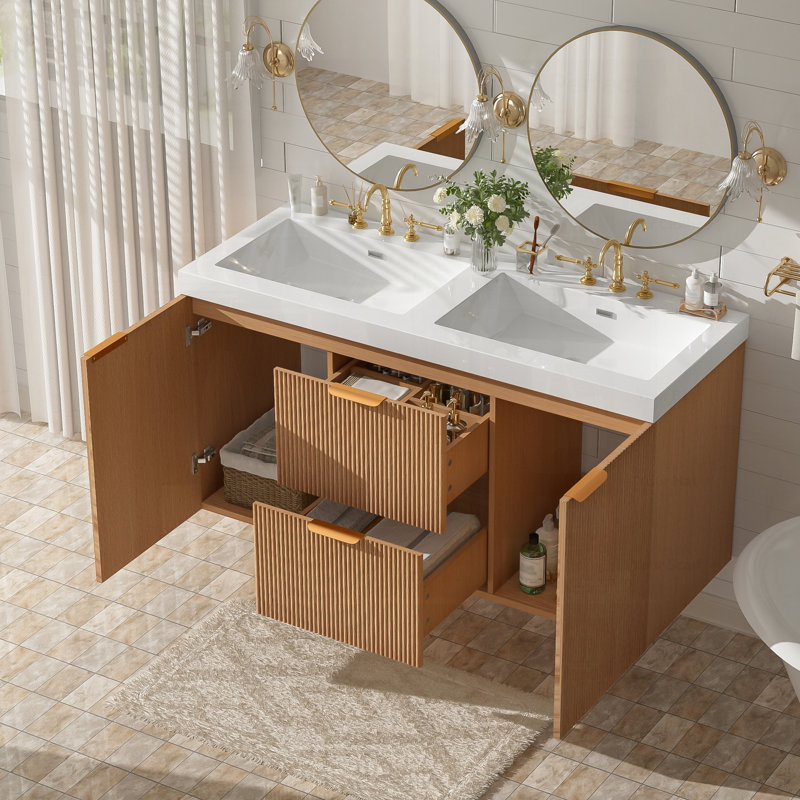 Meuble-lavabo double avec comptoir en SMC, armoire en panneau de fibres à densité moyenne, portes à fermeture en douceur, tiroirs divisés, meuble-lavabo mural moderne