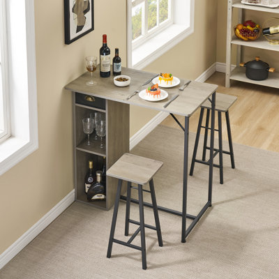 Ensemble de table de salle à manger pour 2 avec 3 tablettes de tiroir de rangement, table de bar et chaises de cuisine en bois 3 pièces, structure en métal robuste, table haute pour petits espaces, appartement, pub, restaurant, gris