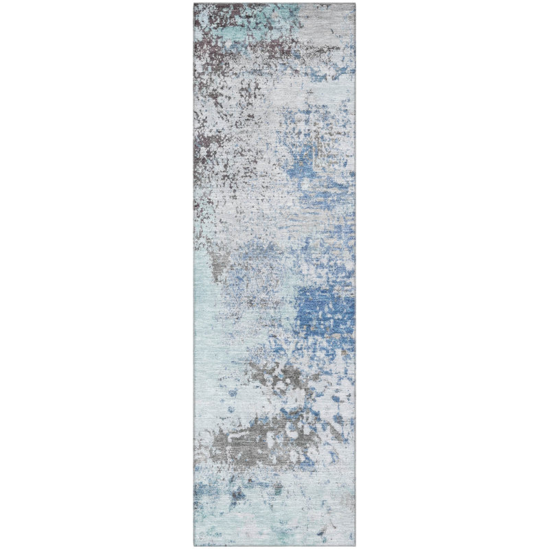 Premium Machine Washable Mayfield AMF2070 Abstract Rug, 2'3" x 7'6" Runner, Turquoise