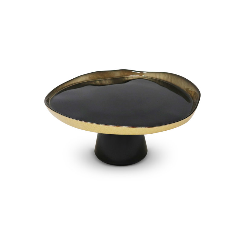 Organic Shaped Cake Plate with Gold Detail, 8.25" W x 6" H x 8.25" D, Black/Gold