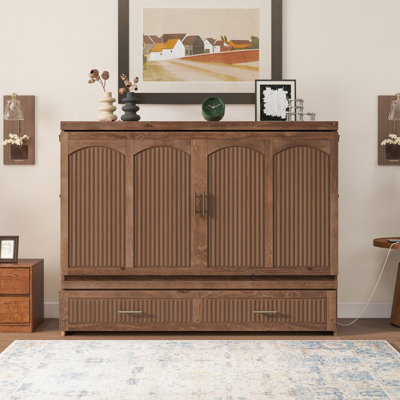 Queen Size Pine Wood Murphy Cabinet Bed with Charging Station and Ripple Panels, Walnut