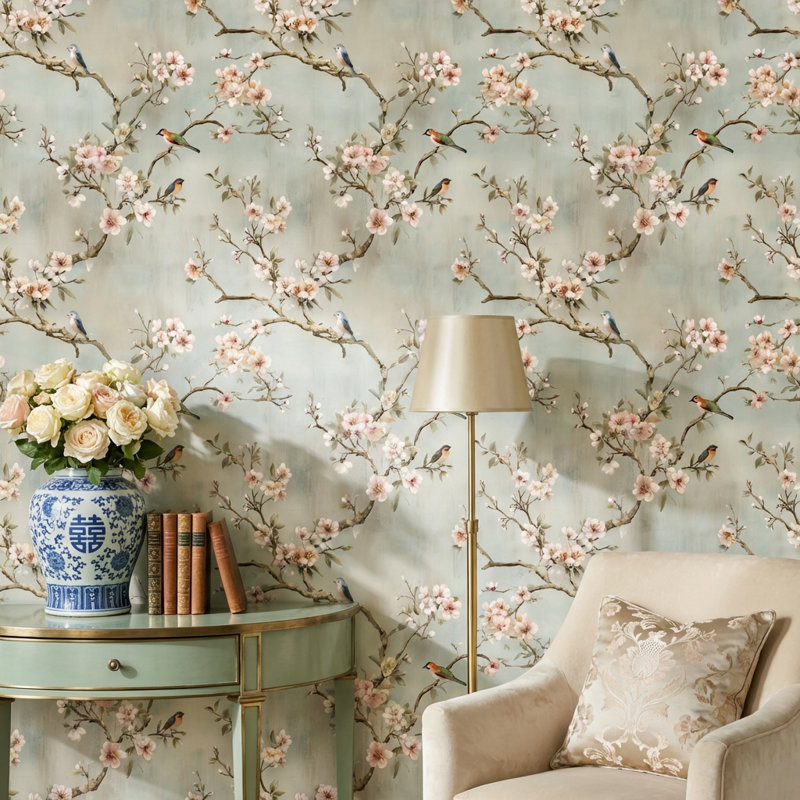 Papier peint décoratif cerisier rose avec oiseaux, Non tissé, non collé