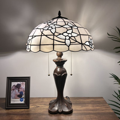 Simonson Tiffany Table Lamp White Stained Glass Flowers Included LED Bulbs 16"W*16"D*24"H