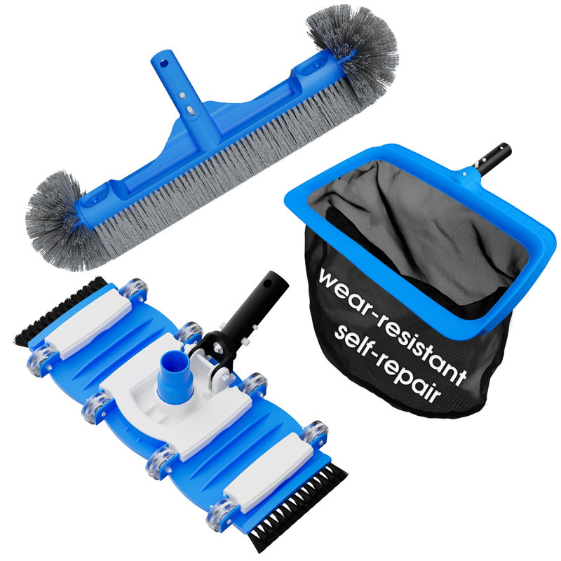 3-In-1 Pool Cleaning Kit Full Set - 18In Rounded End Pool Brush & Ergonomic Pool Vacuum Head With Wheels& Pool Nylon Net Fine Mesh For Above Ground In-Ground Pools, Spas, Hot Tubs