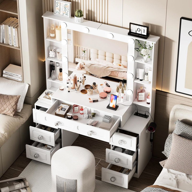 Makeup Table, Mirror, Lights, Glass Top, Drawers, Hair Dryer Holder, Ports, Brightness - Adjustable Dressing Vanity, Charging, Holder