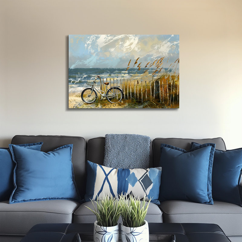 Art rétro sur toile bleu avec des mouettes - Shabby Chic Coastal, H 28 po x l 40 po