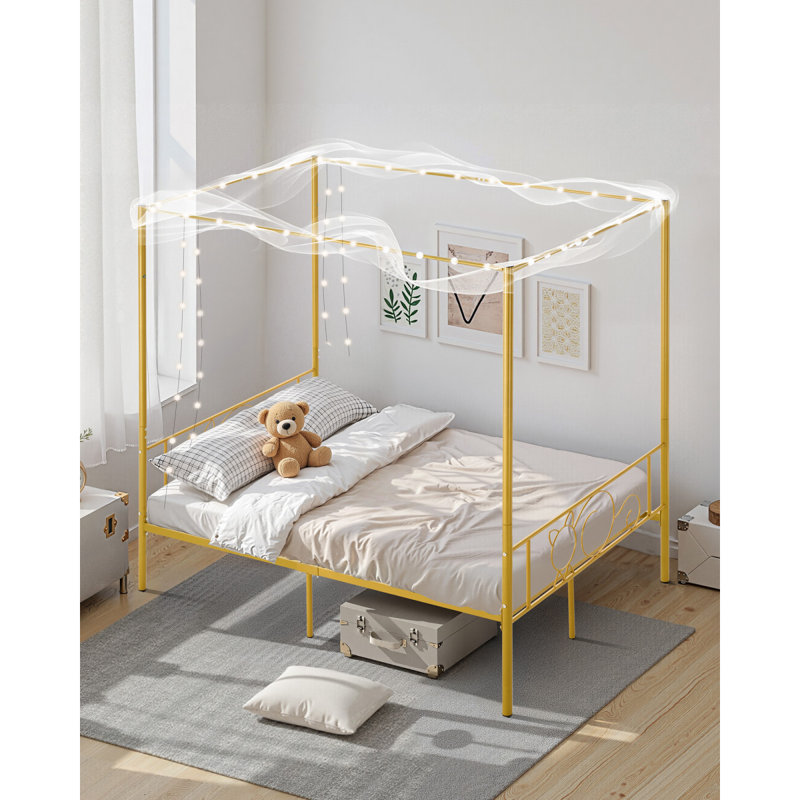 Structure de lit à baldaquin pleine grandeur, lit à baldaquin en métal avec tête de lit minimaliste et quatre affiches, support de lattes en acier robuste, espace de rangement sous le lit, aucun sommier requis, assemblage facile, doré