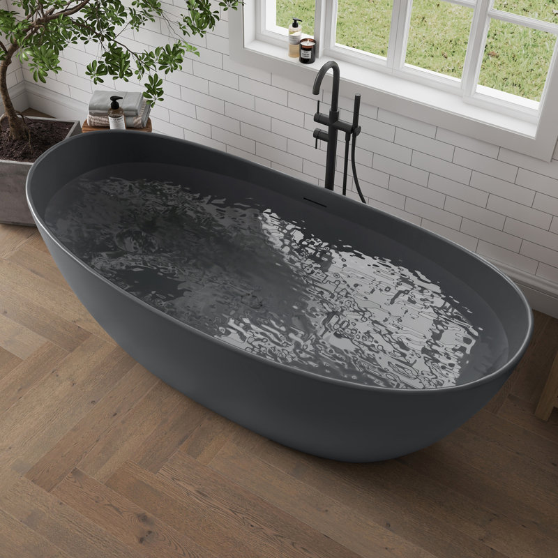 Baignoire autoportante 73 po à double surface en résine de pierre avec trop-plein et drain, gris foncé, Gris foncé